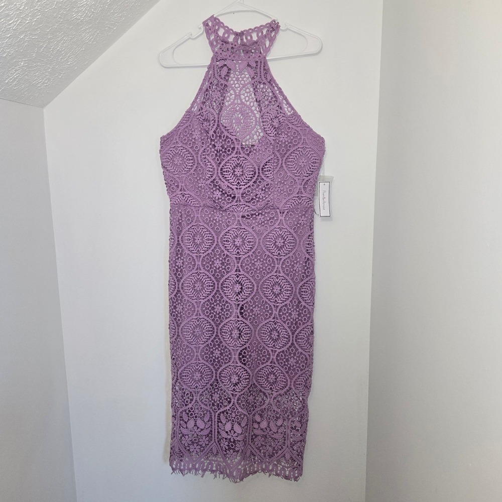 Premier Amour Lavender Lace Halter Midi Dress Purple Sheath Size 14 NWT